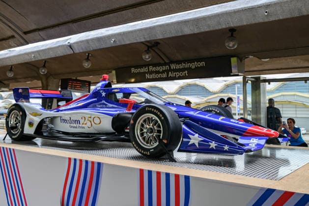 August 20, 2026, Arlington, Virginia, United States: A Freedom 250 Grand Prix IndyCar is seen aboard a Metro train during a stop at Ronald Reagan Washington National Airport ahead of the race in Washington. Arlington United States - ZUMAk206 20260820_znp_k206_005 Copyright: xMattxKaminskyx