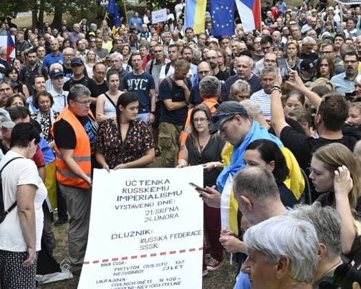 The meeting entitled Go Home, Ivan! on anniversary of 1968 occupation of Czechoslovakia by Warsaw Pact troops and expressing solidarity with people in Ukraine took place on the Boris Nemtsov Square, in Prague, Czech Republic, on August 20, 2026. Participants created a symbolic bill of exchange for Russian imperialism, several meters long. On a long sheet, they wrote what they believed to be the bill for decades of Soviet and Russian imperial policies - from the occupation of Czechoslovakia to the current war against Ukraine. (CTKxPhoto MichalxKrumphanzl) CTKPhotoP2026082006888  CTKPhotoP2026082006888