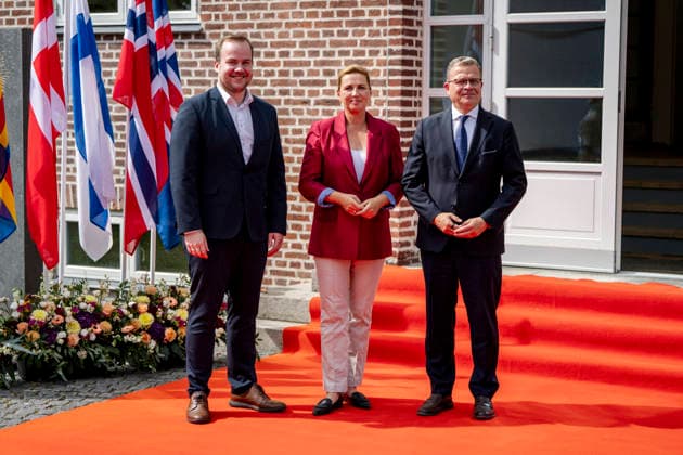 Denmark Nordic Summer Meeting Prime Minister Mette Frederiksen, the Faroe Islands Prime Minister Beinir Johannesen, and Finland s Prime Minister Petteri Orpo at Hoevelte Barracks on Thursday, August 20, 2026. The summer meeting begins with a visit to Hoevelte Barracks, where the leaders are shown modern military capabilities. The meeting then continues at Marienborg, where they will discuss, among other things, closer Nordic defense cooperation, the Nordic region s role in the geopolitical situation, and the protection of children and young people online. (Photo: Mads Claus Rasmussen Ritzau Scanpix) , Kongens Lyngby Denmark *** Denmark Nordic Summer Meeting: Prime Minister Mette Frederiksen, Prime Minister Beinir Johannesen of the Faroe  Copyright: RitzauxScanpix MadsxClausxRasmussenx spdk20260820-195212-L