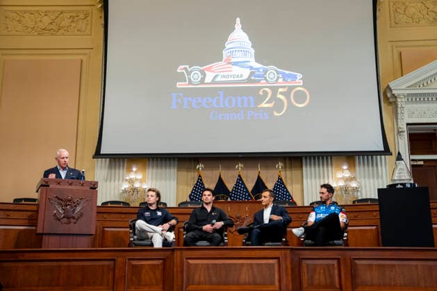 (L-R) Freedom 250 Grand Grand Prix Chairman and President of Penske Corporation Bud Denker, Santino Ferrucci, driver of the No. 14 Chevrolet for AJ Foyt Racing, Pato O Ward, driver of the No. 5 Chevrolet for Arrow McLaren, Alex Palou, driver of the No. 10 Honda for Chip Ganassi Racing and Graham Rahal, driver of the No. 15 Honda for Rahal Letterman Lanigan Racing attend a media preview for the Freedom 250 Grand Prix on Capitol Hill in Washington, DC on Thursday, August 20, 2026. The Freedom 250 Grand Prix, taking place August 22-23, is the first auto race on the National Mall and features seven turns within a with a 1.66 mile course around Washington s landmarks.  WAP20260820309 BONNIExCASH