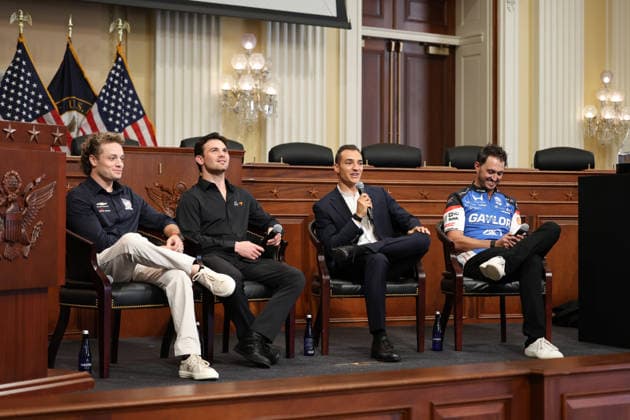 From left to right, IndyCar drivers Santino Ferrucci of AJ Foyt Racing, Pato O’Ward of Arrow McLaren, Alex Palou of Chip Ganassi Racing, and Graham Rahal of Rahal Letterman Lanigan Racing take part in the presentation of the Freedom 250 Grand Prix in Washington, D.C. United States, 20 August 2026. Presentation of the Freedom 250 Grand Prix in Washington !ACHTUNG: NUR REDAKTIONELLE NUTZUNG!  Copyright: xOctavioxGuzmánx AME774 20260820-55021190066_1
