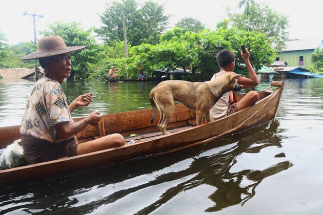 August 20, 2026, Ngathaingchaung, Ayeyarwady Region, Myanmar: People save a dog from floodwaters in Ngathaingchaung Township, Ayeyarwady Region, Myanmar..In Laymyethna Township, Ayeyarwady Region, the Ngawun River embankment collapsed on July 31, leaving nearby towns including Hinthada, Yegyi, Ngathaingchaung, Kyonpyaw and Kyaunggon still inundated for three weeks, affecting tens of thousands of people, officials said. Ngathaingchaung Myanmar - ZUMAn324 20260820_zip_n324_018 Copyright: xAyexMyaxNaingx