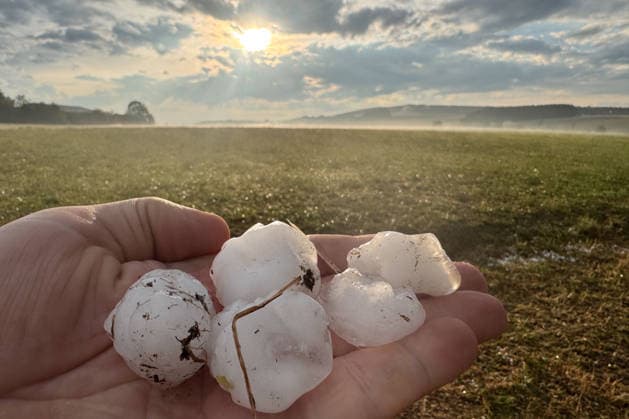 Unwetter in Bayern: Große Hagelkörner bei Steinberg am See, Dunkle Wolken und große Hagelkörner sind bei Steinberg am See in der Oberpfalz zu sehen. Dort zog eine seltene Left-Mover-Superzelle durch, die anschließend weiter in Richtung Tschechien wanderte. In einem schmalen Streifen fiel dabei Hagel mit einem Durchmesser von über 4 Zentimetern. Steinberg am See Bayern Deutschland Steinberg am See *** Severe Weather in Bavaria: Large Hailstones Near Steinberg am See; Dark Clouds and Large Hailstones Can Be Seen Near Steinberg am See in the Upper Palatinate. A rare left-mover supercell passed through the area, which then continued on toward the Czech Republic. In a narrow strip, hail with a diameter of over 4 centimeters fell. Steinberg Copyright: x xonw-imagesx xTobiasxHartlx