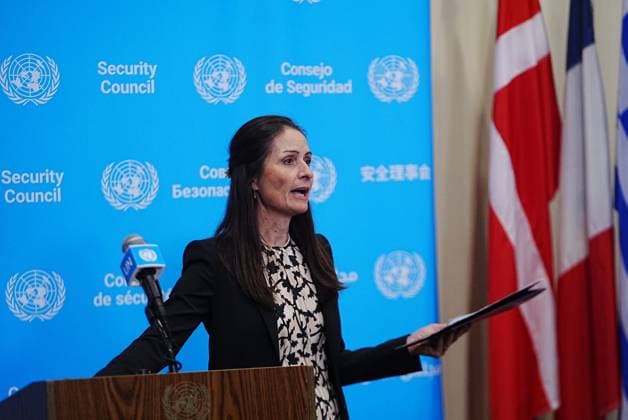 Ambassador Christina Markus Lassen speaks in New York NEW YORK, UNITED STATES - AUGUST 20: Ambassador Christina Markus Lassen, Permanent Representative of Denmark and President of the Security Council for the month of August, talks to the press following informal dialogues between Security Council members and candidates for the position of the next Secretary-General, Olara Otunnu and Ivonne A-Baki at UN Headquarters, New York City, U.S., on Thursday, August 20, 2026. Selçuk Acar Anadolu New York United States. Editorial use only. Please get in touch for any other usage.  Copyright: x2026xAnadoluxSelcukxAcarx
