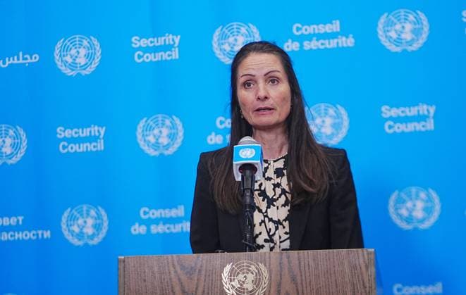 Ambassador Christina Markus Lassen speaks in New York NEW YORK, UNITED STATES - AUGUST 20: Ambassador Christina Markus Lassen, Permanent Representative of Denmark and President of the Security Council for the month of August, talks to the press following informal dialogues between Security Council members and candidates for the position of the next Secretary-General, Olara Otunnu and Ivonne A-Baki at UN Headquarters, New York City, U.S., on Thursday, August 20, 2026. Selçuk Acar Anadolu New York United States. Editorial use only. Please get in touch for any other usage.  Copyright: x2026xAnadoluxSelcukxAcarx