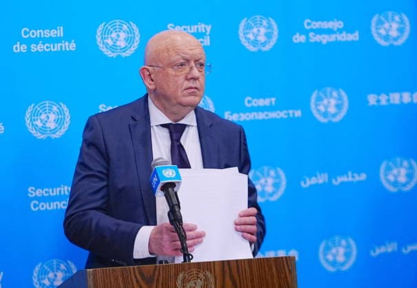 Russian Ambassador Nebenzya talks to the UN press NEW YORK, UNITED STATES - AUGUST 20: Ambassador Vasily Nebenzya, Permanent Representative of the Russian Federation to the United Nations, holds a press briefing at UN Headquarters, New York City, U.S., on Thursday, August 20, 2026. Selçuk Acar Anadolu New York United States. Editorial use only. Please get in touch for any other usage.  Copyright: x2026xAnadoluxSelcukxAcarx