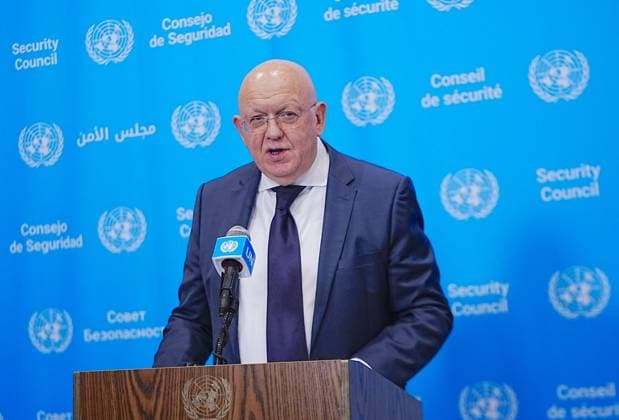 Russian Ambassador Nebenzya talks to the UN press NEW YORK, UNITED STATES - AUGUST 20: Ambassador Vasily Nebenzya, Permanent Representative of the Russian Federation to the United Nations, holds a press briefing at UN Headquarters, New York City, U.S., on Thursday, August 20, 2026. Selçuk Acar Anadolu New York United States. Editorial use only. Please get in touch for any other usage.  Copyright: x2026xAnadoluxSelcukxAcarx