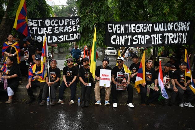 KOLKATA, INDIA - AUGUST 20: Members of the Tibetan community and local human rights activists shout anti-China slogan during protest to oppose Beijing s restrictive Promoting Ethnic Unity and Progress Law outside the Chinese Consulate General on August 20, 2026 in Kolkata, India. Protesters also observed the 49th-day traditional Buddhist mourning rites for activist Lobsang Palden (Lobga Rangzen), who committed self-immolation outside the United Nations headquarters in New York to draw global attention to conditions in Tibet. (Photo by Samir Jana Hindustan Times) Tibetan Activists Protesting Outside The Chinese Consulate In Kolkata Against Ethnic Unity Law