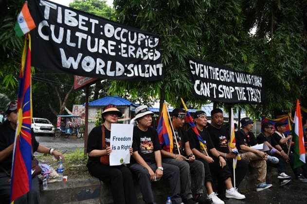 KOLKATA, INDIA - AUGUST 20: Members of the Tibetan community and local human rights activists shout anti-China slogans in protest to oppose Beijing s restrictive Promoting Ethnic Unity and Progress Law outside the Chinese Consulate General on August 20, 2026 in Kolkata, India. Protesters also observed the 49th-day traditional Buddhist mourning rites for activist Lobsang Palden (Lobga Rangzen), who committed self-immolation outside the United Nations headquarters in New York to draw global attention to conditions in Tibet. (Photo by Samir Jana Hindustan Times) Tibetan Activists Protesting Outside The Chinese Consulate In Kolkata Against Ethnic Unity Law
