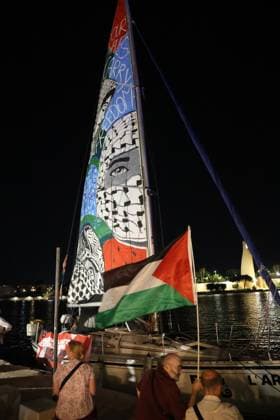 Italian and Albanian Pro Palestinian activists sail to Vlore from Italy BRINDISI, ITALY - AUGUST 20: Several dozen Italian and Albanian Pro Palestine activists, set sail last night from the Italian port of Brindisi, Italy bound for Vlore, Albania, on August 20, 2026. The activist were aboard several boats from the Global Sumud Flotilla that were damaged and left adrift by the Israeli military during the Global Sumud Flotilla’s last mission to Gaza. On the 35th anniversary of the events in Vlora (when thousands of Albanian seeking asylum arrived in Puglia on a ship overcrowded with people), few children of the survivors of this tragedy return to Albania aboard the Flotilla’s boats to support the Flamingo Revolution - a popular protest move  Copyright: x2026xAnadoluxMichelexLuigixEdoardoxNovagax