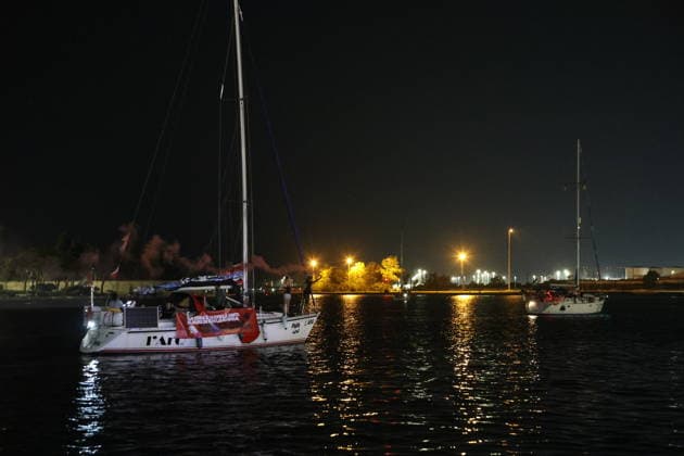 Italian and Albanian Pro Palestinian activists sail to Vlore from Italy BRINDISI, ITALY - AUGUST 20: Several dozen Italian and Albanian Pro Palestine activists, set sail last night from the Italian port of Brindisi, Italy bound for Vlore, Albania, on August 20, 2026. The activist were aboard several boats from the Global Sumud Flotilla that were damaged and left adrift by the Israeli military during the Global Sumud Flotilla’s last mission to Gaza. On the 35th anniversary of the events in Vlora (when thousands of Albanian seeking asylum arrived in Puglia on a ship overcrowded with people), few children of the survivors of this tragedy return to Albania aboard the Flotilla’s boats to support the Flamingo Revolution - a popular protest move  Copyright: x2026xAnadoluxMichelexLuigixEdoardoxNovagax