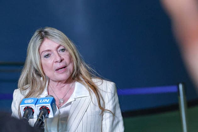 August 20, 2026, New York, New York, United States: Ecuadorean diplomat IVONNE A-BAKI, candidate for the position of United Nations Secretary-General, speaks to the press at the General Assembly stakeout at UNHQ, following her informal dialogue with Member States on her candidacy and vision for the future of the United Nations. New York United States - ZUMAo116 20260820_znp_o116_030 Copyright: xBiancaxOterox