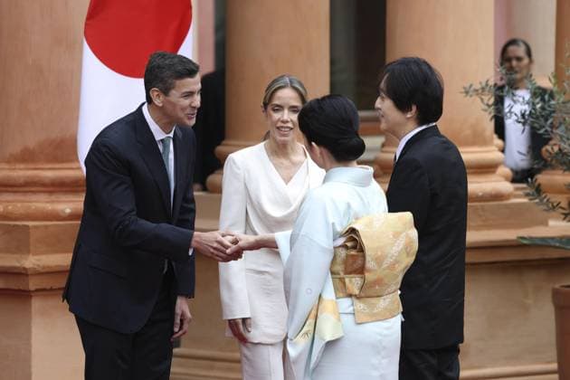 Japan crown prince, crown princess in Paraguay Japan s Crown Prince Fumihito (R) and Crown Princess Kiko meet with Paraguay s President Santiago Pena and his wife Leticia Ocampos at Palacio de Lopez in Asuncion on Aug. 20, 2026, during their official trip to the South American country. (Pool photo)  A14AA0005626352P