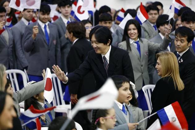 Japan crown prince, crown princess in Paraguay Japan s Crown Prince Fumihito (C) is seen off by students as he leaves a Japanese school near Asuncion, Paraguay, with Crown Princess Kiko on Aug. 20, 2026, during their official trip to the South American country.  A14AA0005626360P