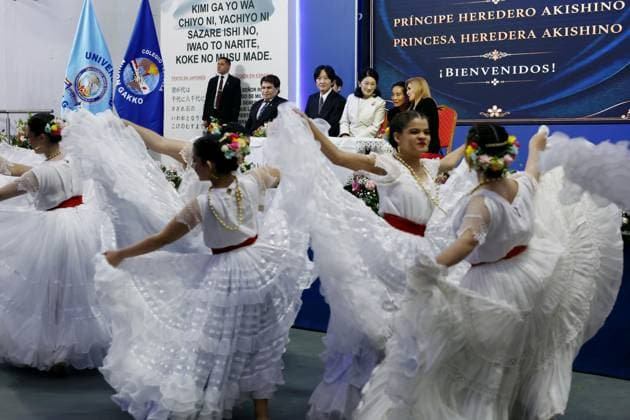 Japan crown prince, crown princess in Paraguay Japan s Crown Prince Fumihito and Crown Princess Kiko watch a traditional Paraguayan bottle dance at a Japanese school near Asuncion on Aug. 20, 2026, during their official trip to the South American country.  A14AA0005626364P