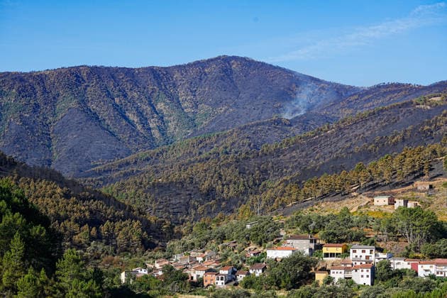 Encouraging developments in the Pinofranqueado, Cáceres, wildfire allow all evacuees to return home View of the landscape in Nunomoral with a column of smoke rising from the forest, on August 21, 2026, in Nunomoral, Cáceres, Extremadura, Spain. All residents evacuated due to the Pinofranqueado fire that broke out last Tuesday, August 18, can now return to their homes after a night of work that has kept the fire under control, and the fire is expected to be stabilized sometime today, August 21, 2026. FOREST FIRE NATURAL DISASTER EVACUEES LAS HURDES Nunomoral, Cáceres, Extremadura Nunomoral, Cáceres, Extremadura, Spain  Copyright: xCarlosxCriadox 7723771