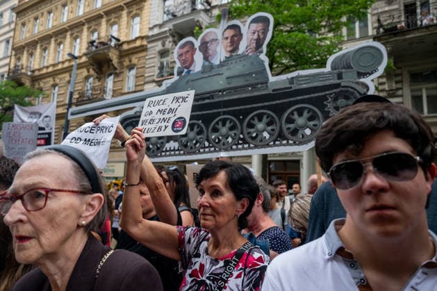 Independent media are one of the fundamental pillars of democracy, Czech President Petr Pavel (not pictured) said outside the Czech Radio (CRo) building in Prague, Czech Republic, August 21, 2026 during a memorial ceremony marking the 58th anniversary of the 1968 occupation of Czechoslovakia by the Warsaw Pact troops. Pictured supporters of public media Czech Radio, as well as Czech Television. (CTKxPhoto OndrejxDeml) CTKPhotoP2026082103005  CTKPhotoP2026082103005