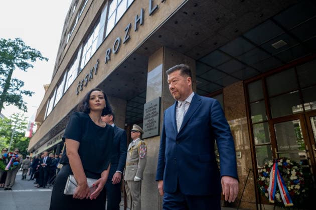 Czech Chamber of Deputies Speaker Tomio Okamura (Freedom and Direct Democracy, SPD) speaks outside the Czech Radio (CRo) building in Prague, Czech Republic, August 21, 2026 during a memorial ceremony marking the 58th anniversary of the 1968 occupation of Czechoslovakia by the Warsaw Pact troops. (CTKxPhoto OndrejxDeml) CTKPhotoP2026082102662  CTKPhotoP2026082102662