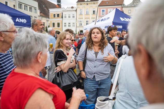 Public meeting with ministers of ANO movement, Czech PM Andrej Babis, Finance Minister Alena Schillerova and Industry Minister Karel Havlicek in Premysla Otakara II square in Ceske Budejovice, August 21, 2026. (CTKxPhoto VaclavxPancer) CTKPhotoF202608210002901  CTKPhotoF202608210002901