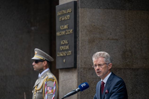 Czech Senate Speaker Milos Vystrcil (ODS) speaks outside the Czech Radio (CRo) building in Prague, Czech Republic, August 21, 2026 during a memorial ceremony marking the 58th anniversary of the 1968 occupation of Czechoslovakia by the Warsaw Pact troops. (CTKxPhoto OndrejxDeml) CTKPhotoP2026082103341  CTKPhotoP2026082103341