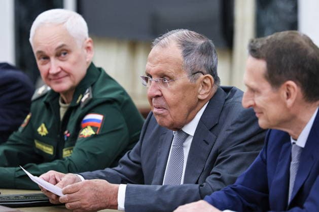 RUSSIA, MOSCOW - AUGUST 21, 2026: Russian Defence Minister Andrei Belousov, Russia s Minister of Foreign Affairs Sergei Lavrov and Russian Foreign Intelligence Service head Sergei Naryshkin (L-R) during a meeting of the Russian Security Council chaired by Russia s President Putin in the Kremlin. Mikhail Metzel Russian Presidential Press and Information Office TASS  96423372