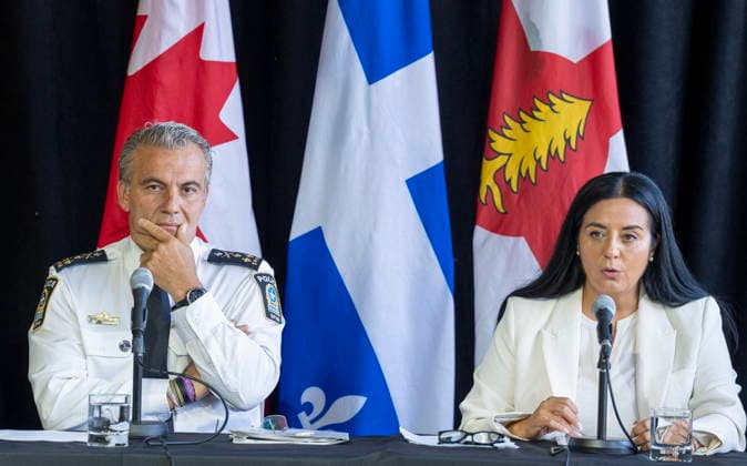August 21, 2026, Montreal, Pq, CANADA: Montreal Mayor Soraya Martinez Ferrada, right and ..Montreal police chief Fady Dagher announce that the police will be equipped with body cameras during a press conference in Montreal on Friday, Aug. 21, 2026. Montreal CANADA  - ZUMAc35_ 20260821_zaf_c35_005 Copyright: xChristinnexMuschix
