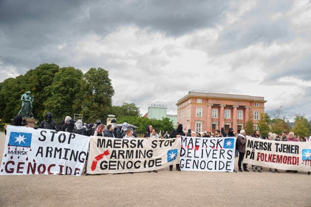 Denmark Demonstration A Demonstration near shipping company A.P. Moeller - Maersk in Copenhagen, Denmark, Friday, August 21, 2026. The demonstrators are carrying a banner demanding Maersk stop arming genocide . (Photo: Liselotte Sabroe Ritzau Scanpix) , Copenhagen Denmark *** Denmark Demonstration: A demonstration near the shipping company A.P. Møller-Maersk in Copenhagen, Denmark, on Friday, August 21, 2026. The demonstrators are carrying a banner demanding that Maersk stop arming genocide. Photo: Liselotte Sabroe, Ritzau Scanpix, Copenhagen, Denmark  Copyright: Ritzau Scanpix LiselottexSabroex spdk20260821-160637-L