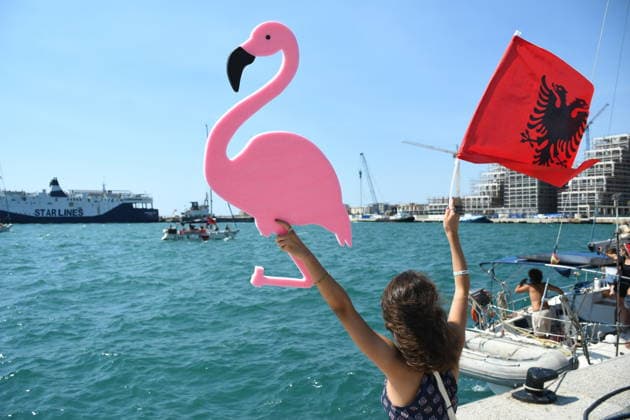 Global Sumud Flotilla activists arrive in Albania VLORE, ALBANIA - AUGUST 21: Boats carrying pro-Palestinian Italian and Albanian activists arrive off the coast of Vlore after sailing from Brindisi, Italy, on August 21, 2026 in Vlore, Albania. Several of the vessels had reportedly been damaged by the Israeli military during the flotilla s previous mission. The activists arrival coincides with the anniversary of the 1991 exodus in which thousands of Albanian refugees reached Italy s Puglia region aboard an overcrowded ship. The group is also expected to support the Flamingo Revolution protest against the reported sale of a beach in Zvernec for a tourism project allegedly linked to Ivanka Trump and Jared Kushner. Olsi Shehu Anadolu Vlore  Copyright: x2026xAnadoluxOlsixShehux