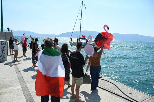 Global Sumud Flotilla activists arrive in Albania VLORE, ALBANIA - AUGUST 21: Boats carrying pro-Palestinian Italian and Albanian activists arrive off the coast of Vlore after sailing from Brindisi, Italy, on August 21, 2026 in Vlore, Albania. Several of the vessels had reportedly been damaged by the Israeli military during the flotilla s previous mission. The activists arrival coincides with the anniversary of the 1991 exodus in which thousands of Albanian refugees reached Italy s Puglia region aboard an overcrowded ship. The group is also expected to support the Flamingo Revolution protest against the reported sale of a beach in Zvernec for a tourism project allegedly linked to Ivanka Trump and Jared Kushner. Olsi Shehu Anadolu Vlore  Copyright: x2026xAnadoluxOlsixShehux