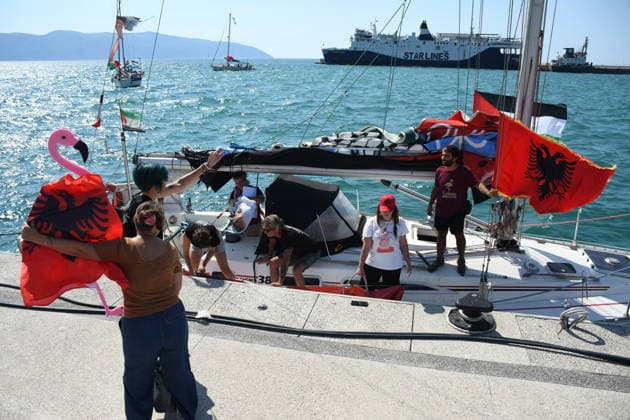 Global Sumud Flotilla activists arrive in Albania VLORE, ALBANIA - AUGUST 21: Boats carrying pro-Palestinian Italian and Albanian activists arrive off the coast of Vlore after sailing from Brindisi, Italy, on August 21, 2026 in Vlore, Albania. Several of the vessels had reportedly been damaged by the Israeli military during the flotilla s previous mission. The activists arrival coincides with the anniversary of the 1991 exodus in which thousands of Albanian refugees reached Italy s Puglia region aboard an overcrowded ship. The group is also expected to support the Flamingo Revolution protest against the reported sale of a beach in Zvernec for a tourism project allegedly linked to Ivanka Trump and Jared Kushner. Olsi Shehu Anadolu Vlore  Copyright: x2026xAnadoluxOlsixShehux