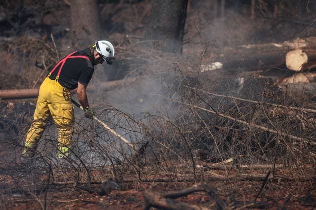A guided visit is organized to the firefighters still active on the site of the fires in the Hautes Fagnes (High Fens) nature reserve, on Friday 21 August 2026. The fire started on August 14th and 3000 hectares (on a total of 4500) are impacted.  JULIENxWARNAND 183918982