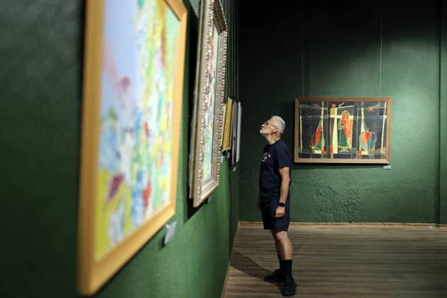Exhibition 35 Reflections of Independence in Odessa, Ukraine - 21 Aug 2026 A visitor looks at the paintings by Mikhail Zhuk during the exhibition at the International Cultural Center UNION. The exhibition will be held as part of the celebration of the 35th anniversary of Ukraine’s independence. The exhibition brings together 35 iconic Odessa artists who have lived, created and continues to work in Ukraine, particularly in Odessa, throughout the years of independence. Odessa Ukraine Copyright: xViacheslavxOnyshchenkox xSOPAxImagesx Vonyshchenko(5)