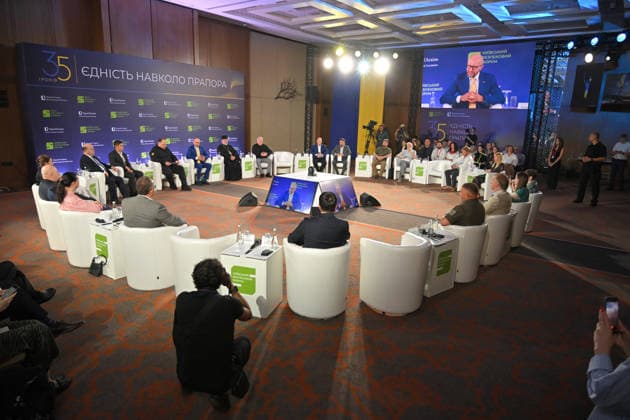 Participants attend the 35 Years of Restored Independence: Unity Around the Flag National Roundtable, organised by the Kyiv Security Forum, ahead of Ukraine’s 35th Independence Day, Kyiv, Ukraine, August 21, 2026. (Photo by Yevhen Kotenko Ukrinform) National roundtable marking 35 years of Ukraine’s independence  Copyright: xYevhenxKotenkox