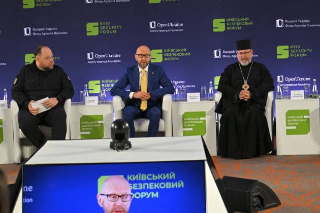 Speaker of the Ukrainian Parliament Ruslan Stefanchuk, Kyiv Security Forum chairman and former Ukrainian Prime Minister Arseniy Yatsenyuk and Primate of the Ukrainian Greek Catholic Church (UGCC) Sviatoslav Shevchuk (L to R) participate in the 35 Years of Restored Independence: Unity Around the Flag National Roundtable, organised by the Kyiv Security Forum, ahead of Ukraine’s 35th Independence Day, Kyiv, Ukraine, August 21, 2026. (Photo by Yevhen Kotenko Ukrinform) National roundtable marking 35 years of Ukraine’s independence  Copyright: xYevhenxKotenkox