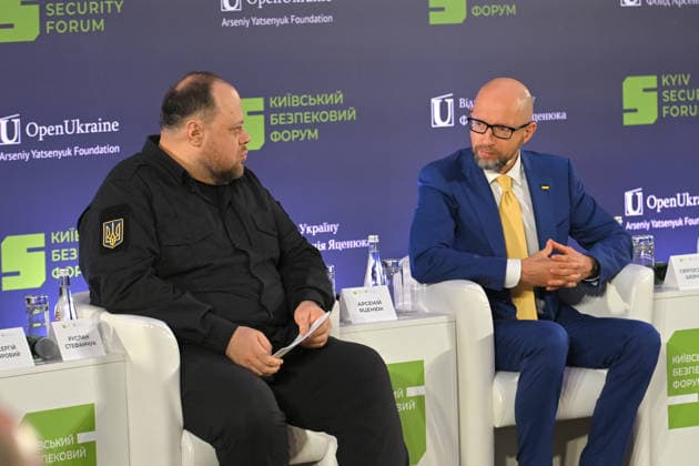 Speaker of the Ukrainian Parliament Ruslan Stefanchuk (L) and Kyiv Security Forum chairman and former Ukrainian Prime Minister Arseniy Yatsenyuk participate in the 35 Years of Restored Independence: Unity Around the Flag National Roundtable, organised by the Kyiv Security Forum, ahead of Ukraine’s 35th Independence Day, Kyiv, Ukraine, August 21, 2026. (Photo by Yevhen Kotenko Ukrinform) National roundtable marking 35 years of Ukraine’s independence  Copyright: xYevhenxKotenkox