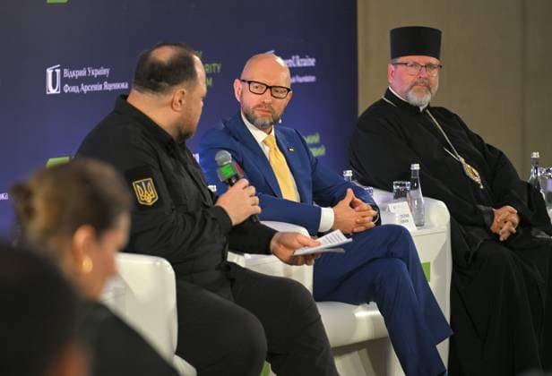 Speaker of the Ukrainian Parliament Ruslan Stefanchuk, Kyiv Security Forum chairman and former Ukrainian Prime Minister Arseniy Yatsenyuk and Primate of the Ukrainian Greek Catholic Church (UGCC) Sviatoslav Shevchuk (L to R) participate in the 35 Years of Restored Independence: Unity Around the Flag National Roundtable, organised by the Kyiv Security Forum, ahead of Ukraine’s 35th Independence Day, Kyiv, Ukraine, August 21, 2026. (Photo by Yevhen Kotenko Ukrinform) National roundtable marking 35 years of Ukraine’s independence  Copyright: xYevhenxKotenkox