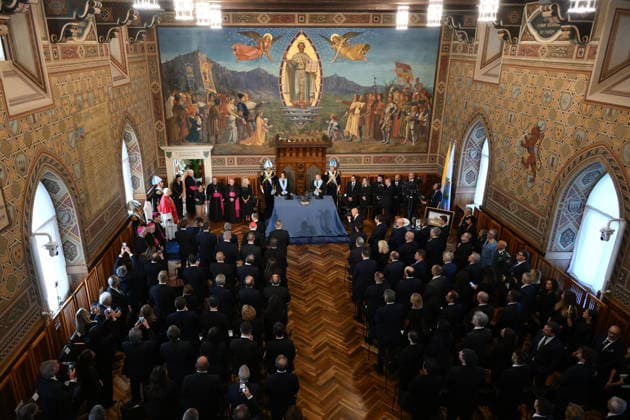 August 22, 2026, San Marino: Pope Leo XIV during a meeting at the Consiglio Grande e Generale hall in the Pubblico Palace, San Marino, 22 August 2026. ANSA ETTORE FERRARI San Marino  - ZUMAa110 20260822_zaf_a110_012 Copyright: xEttorexFerrarix