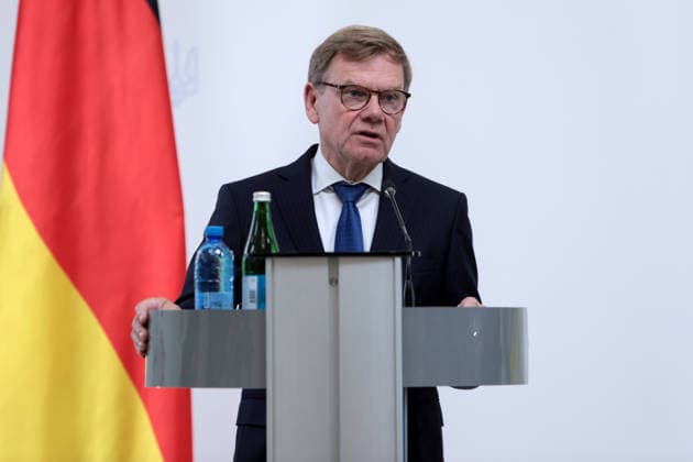 Federal Minister for Foreign Affairs of Germany Johann Wadephul attends a joint news conference with Foreign Minister of Ukraine Andrii Sybiha following negotiations, Kyiv, Ukraine, August 22, 2026. The talks focused on strengthening defence support for Ukraine, protecting critical infrastructure, preparing for winter, and diplomatic steps to end the war. The German Foreign Minister’s visit took place on the eve of the 35th anniversary of Ukraine’s independence, amid another wave of massive Russian attacks on civilian targets. (Photo by Hennadii Minchenko Ukrinform) Joint news conference of Ukrainian and German Foreign Ministers in Kyiv  Copyright: xHennadiixMinchenkox