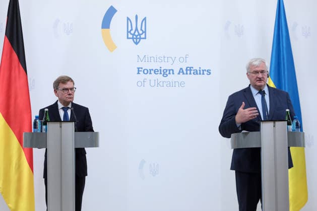 Foreign Minister of Ukraine Andrii Sybiha (R) and Federal Minister for Foreign Affairs of Germany Johann Wadephul hold a joint news conference following their negotiations, Kyiv, Ukraine, August 22, 2026. The talks focused on strengthening defence support for Ukraine, protecting critical infrastructure, preparing for winter, and diplomatic steps to end the war. The German Foreign Minister’s visit took place on the eve of the 35th anniversary of Ukraine’s independence, amid another wave of massive Russian attacks on civilian targets. (Photo by Hennadii Minchenko Ukrinform) Joint news conference of Ukrainian and German Foreign Ministers in Kyiv  Copyright: xHennadiixMinchenkox