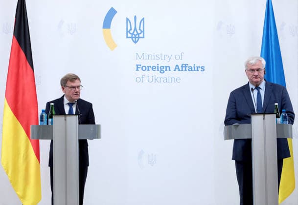 Andrii Sybiha and Johann Wadephul Joint Press Conference - Kyiv Foreign Minister of Ukraine Andrii Sybiha (R) and Federal Minister for Foreign Affairs of Germany Johann Wadephul hold a joint news conference following their negotiations in Kyiv, Ukraine on August 22, 2026. The talks focused on strengthening defence support for Ukraine, protecting critical infrastructure, preparing for winter, and diplomatic steps to end the war, with the German Foreign Minister s visit taking place on the eve of the 35th anniversary of Ukraine s independence amid another wave of massive Russian attacks on civilian targets. Photo by Hennadii Minchenko Ukrinform ABACAPRESS.COM Kyiv Ukraine  Copyright: xMinchenkoxHennadii Ukrinform ABACAx
