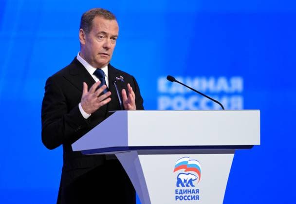 Russia UR Party Congress 9226492 22.08.2026 Deputy Chairman of the Russian Security Council and leader of the United Russia political party Dmitry Medvedev speaks during a session of the second stage of the 23rd Congress of the United Russia party in Moscow, Russia. Alexey Nikolskiy Sputnik Moscow Russia  Copyright: xAlexeyxNikolskiyx