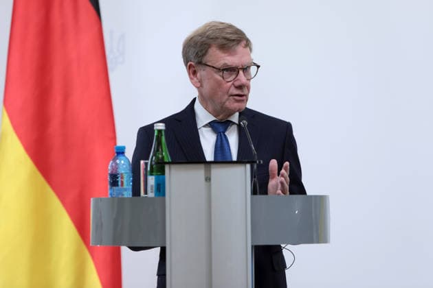 Joint news conference of Ukrainian and German Foreign Ministers in Kyiv Federal Minister for Foreign Affairs of Germany Johann Wadephul attends a joint news conference with Foreign Minister of Ukraine Andrii Sybiha following negotiations, Kyiv, Ukraine, August 22, 2026. The talks focused on strengthening defence support for Ukraine, protecting critical infrastructure, preparing for winter, and diplomatic steps to end the war. The German Foreign Minister™s visit took place on the eve of the 35th anniversary of Ukraine™s independence, amid another wave of massive Russian attacks on civilian targets., Credit:Hennadii Minchenko Ukrinform Avalon Ukraine, Kyiv  Copyright: xHennadiixMinchenkox xUkrinformx xAvalonx 1127332812