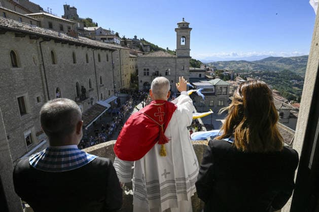 Pope Leo XIV’s Visit to The Republic of San Marino Pope Leo XIV traveled to the Republic of San Marino (Central Italy) on August 22, 2026 for a half-day pastoral visit. He met first with the civil authorities of San Marino at the Public Palace, offering his gratitude to the Captains Regent Alice Mina (R) and Vladimiro Selva (L) the two joint Heads of State, a tradition that dates back to 1243. In his address, Pope Leo expressed his joy to visit the world’s oldest Republic. Known as the ‘Most Serene Republic,’ San Marino has remained rooted in its motto ‘Libertas’ (Liberty), which the Pope said sums up its history and aspirations for the future. Photo by (EV) Simone Risoluti Vatican Media ABACAPRESS.COM San Marino Italy  Copyright: xABACAx