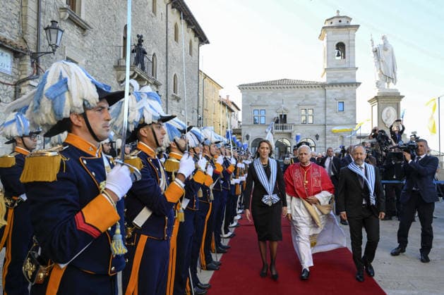 Pope Leo XIV’s Visit to The Republic of San Marino Pope Leo XIV traveled to the Republic of San Marino (Central Italy) on August 22, 2026 for a half-day pastoral visit. He met first with the civil authorities of San Marino at the Public Palace, offering his gratitude to the Captains Regent Alice Mina (L) and Vladimiro Selva (R) the two joint Heads of State, a tradition that dates back to 1243. In his address, Pope Leo expressed his joy to visit the world’s oldest Republic. Known as the ‘Most Serene Republic,’ San Marino has remained rooted in its motto ‘Libertas’ (Liberty), which the Pope said sums up its history and aspirations for the future. Photo by (EV) Simone Risoluti Vatican Media ABACAPRESS.COM San Marino Italy  Copyright: xABACAx