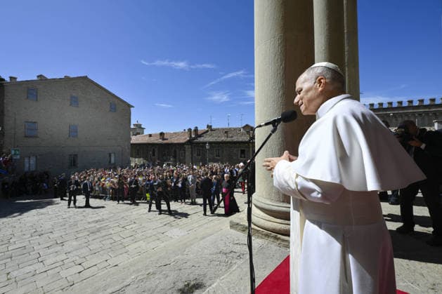 Pope Leo XIV’s Visit to The Republic of San Marino Pope Leo XIV meets the Catholic community in the San Marino basilica during his visit to the Republic of San Marino (Central Italy) on August 22, 2026 for a half-day pastoral visit. Before he met with the civil authorities of San Marino at the Public Palace, offering his gratitude to the Captains Regent, a tradition that dates back to 1243. In his address, Pope Leo expressed his joy to visit the world’s oldest Republic. Known as the ‘Most Serene Republic,’ San Marino has remained rooted in its motto ‘Libertas’ (Liberty), which the Pope said sums up its history and aspirations for the future. Photo by (EV) Simone Risoluti Vatican Media ABACAPRESS.COM San Marino Italy  Copyright: xABACAx