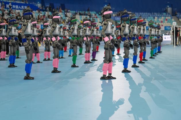 (260822) -- BEIJING, Aug. 22, 2026 -- Humanoid robots are ready to perform before the opening ceremony of the 2nd World Humanoid Robot Games in Beijing, capital of China, Aug. 22, 2026. ) (SP)CHINA-BEIJING-WORLD HUMANOID ROBOT GAMES-OPENING CEREMONY (CN) JuxHuanzong 