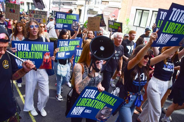 August 22, 2026, London, England, United Kingdom: Protesters hold placards calling for total animal liberation during the National Animal Rights March. Animal rights activists, protesters, and members of various organisations marched through Central London in support of animal rights, in protest against all forms of animal exploitation, and urged people to go vegan. London United Kingdom  - ZUMAv130 20260822_zip_v130_001 Copyright: xVukxValcicx