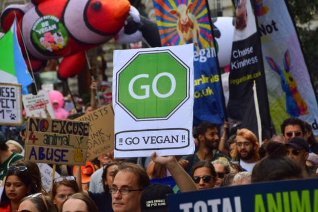 August 22, 2026, London, England, United Kingdom: Protesters pass through Regent Street during the National Animal Rights March. Animal rights activists, protesters, and members of various organisations marched through Central London in support of animal rights, in protest against all forms of animal exploitation, and urged people to go vegan. London United Kingdom - ZUMAv130 20260822_zip_v130_007 Copyright: xVukxValcicx