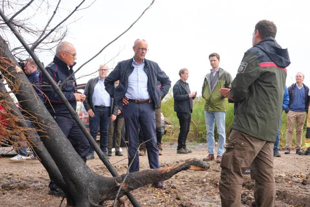 Bundeskanzler Merz besucht Waldbrandgebiet Huertgenwald Der Foerster Jan-Valentin Wiesmeyer zeigt Bundeskanzler Friedrich Merz einen verbrannten Wurzeln eines Baum und die Folgen des Bandes bei der Besichtigung des ehemaligen Waldbrandgebiet in Huertgenwald, , 22.08.2026 Huertgenwald (Kreis Dueren) Nordrhein-Westfalen Deutschland *** Chancellor Merz Visits the Huertgenwald Forest Fire Site. Forester Jan Valentin Wiesmeyer shows Chancellor Friedrich Merz the charred roots of a tree and the aftermath of the fire during a tour of the former forest fire site in Huertgenwald, , August 22, 2026, Huertgenwald, Düren District, North Rhine-Westphalia, Germany
