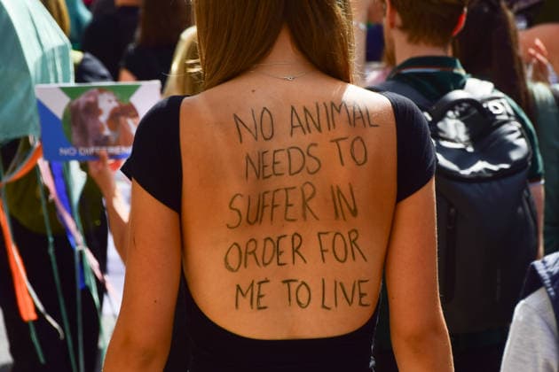 August 22, 2026, London, England, United Kingdom: A protester with a message written on her back takes part in the National Animal Rights March. Animal rights activists, protesters, and members of various organisations marched through Central London in support of animal rights, in protest against all forms of animal exploitation, and urged people to go vegan. London United Kingdom  - ZUMAv130 20260822_zip_v130_033 Copyright: xVukxValcicx